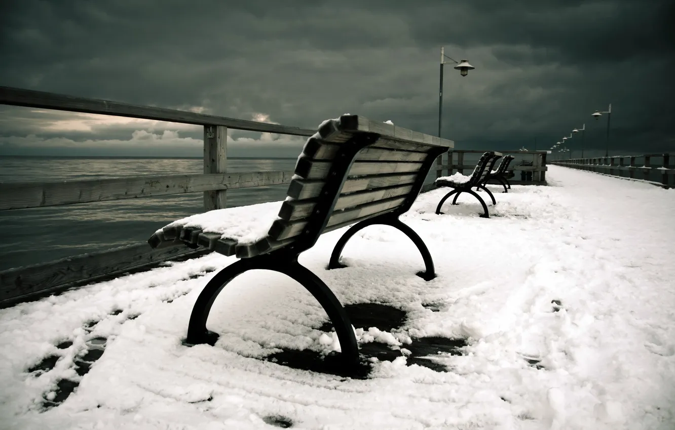 Photo wallpaper winter, the evening, bench