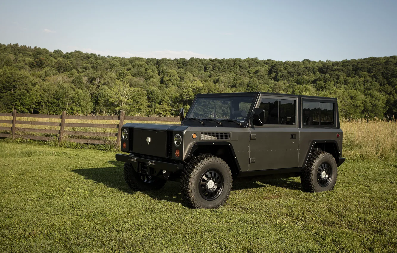 Photo wallpaper forest, grass, lawn, the fence, SUV, electric, Bollinger, B1 Electric Truck