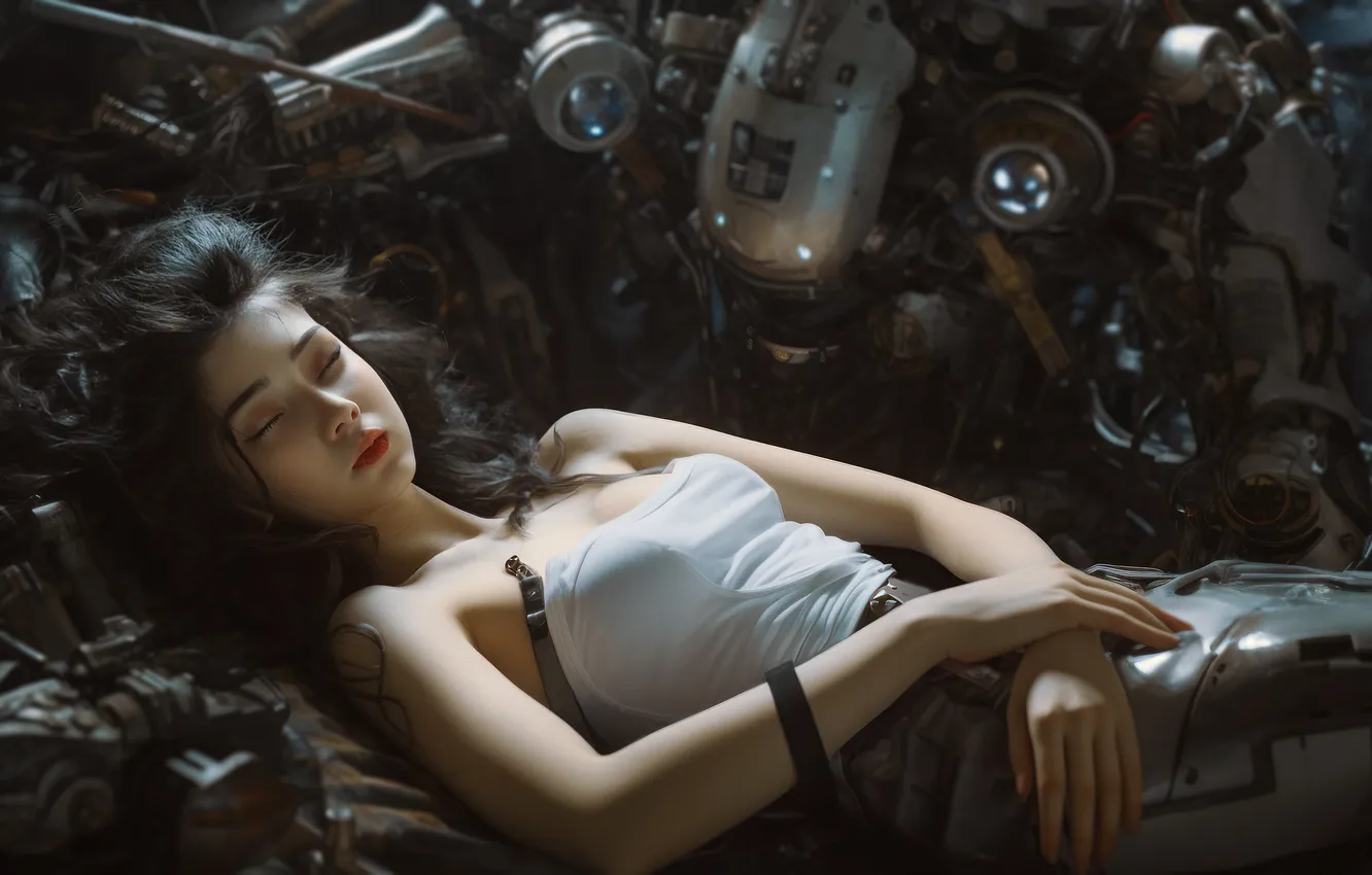 Photo wallpaper long hair, women, asian, digital art, artwork, Illustration, sleeping, lying down