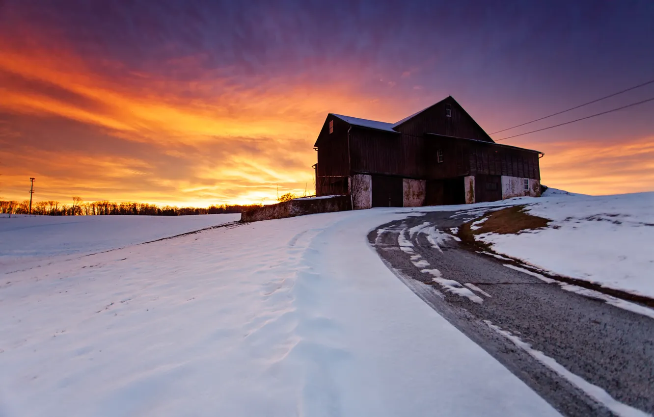 Photo wallpaper winter, road, the sky, snow, landscape, sunset, nature, house