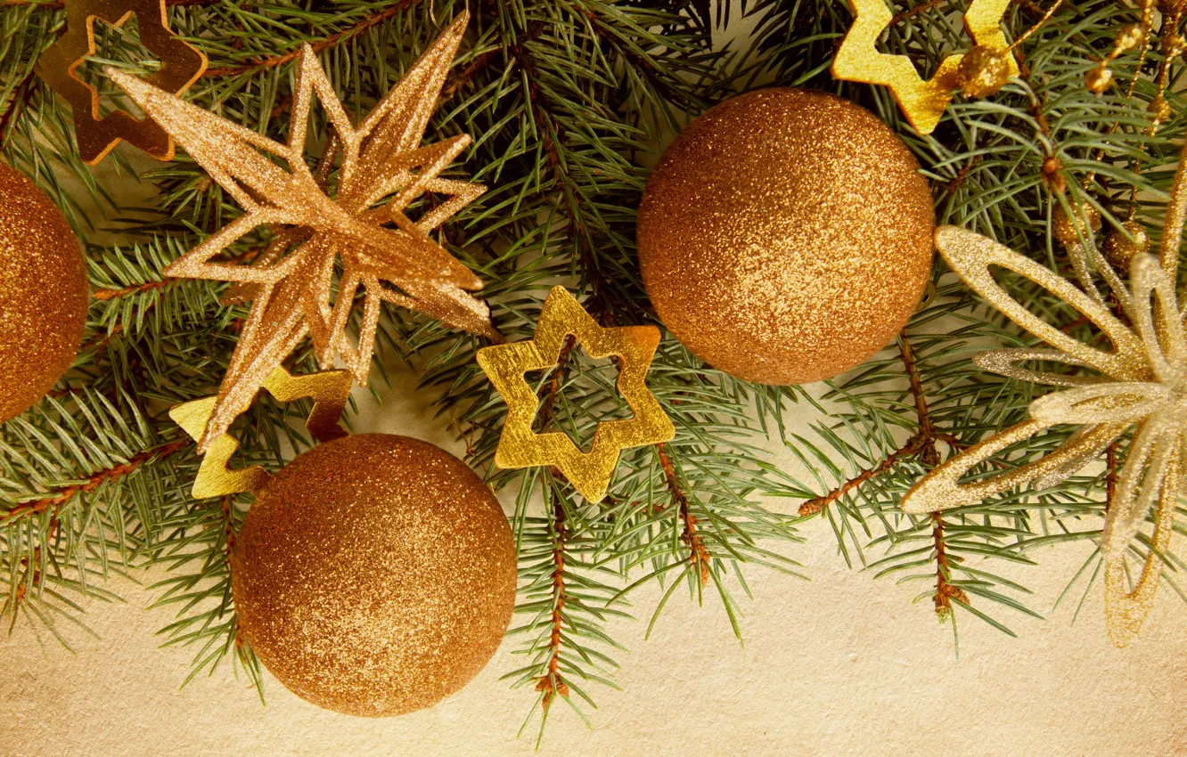 Photo wallpaper branches, balls, stars, tree, Christmas decorations