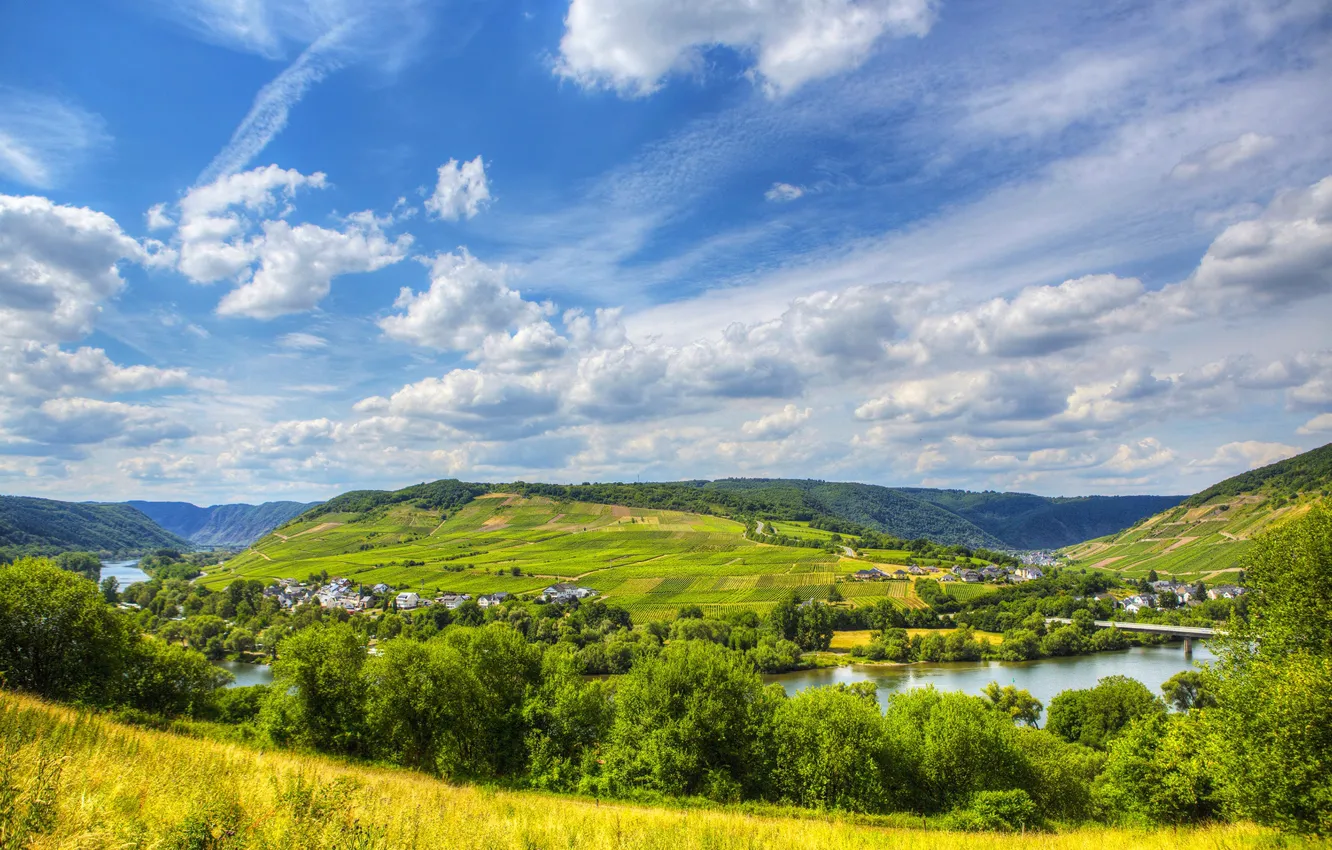 Photo wallpaper summer, the sky, clouds, river, hills, field, Germany, Germany