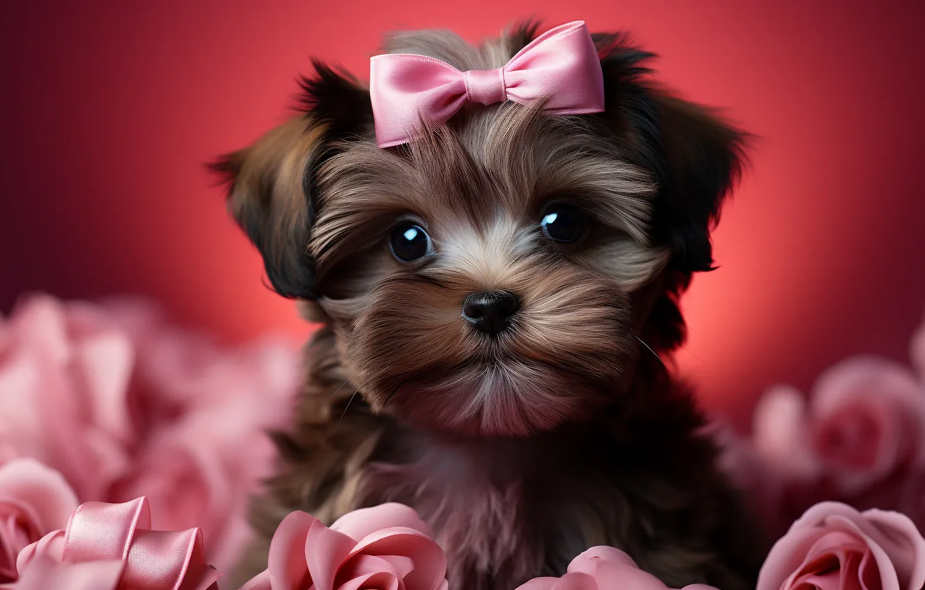 Photo wallpaper look, flowers, pose, portrait, dog, hairstyle, tape, puppy