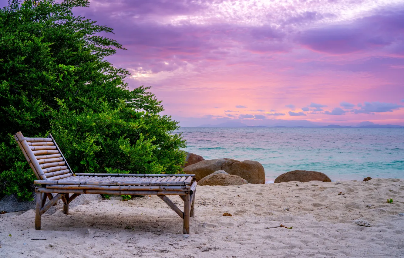 Photo wallpaper sand, sea, wave, beach, summer, sunset, pink, bamboo