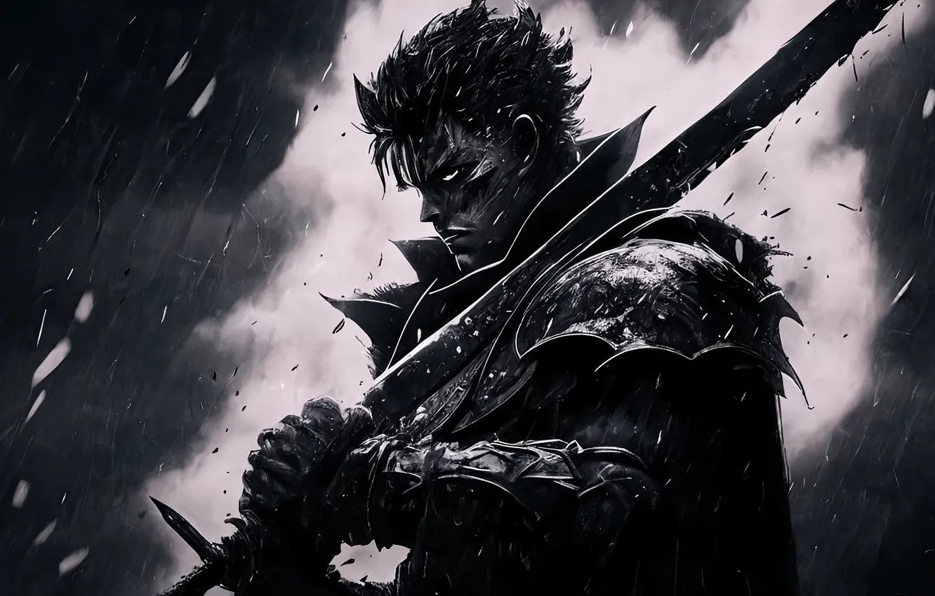 Photo wallpaper sword, rain, armor, Berserk, Guts, looking at viewer, berserk armor, anime men