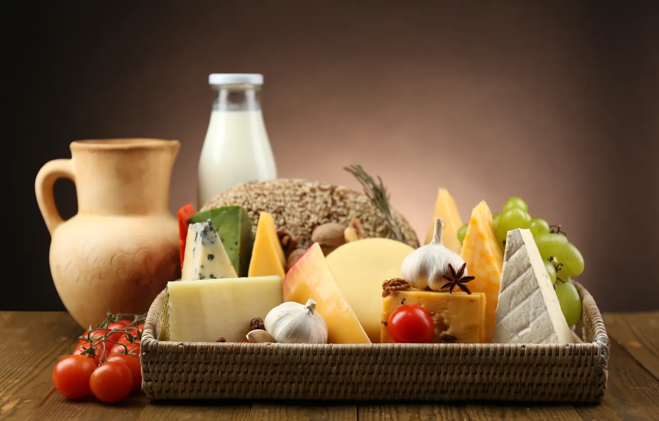 Photo wallpaper cheese, milk, grapes, pitcher, tomatoes, garlic, star anise