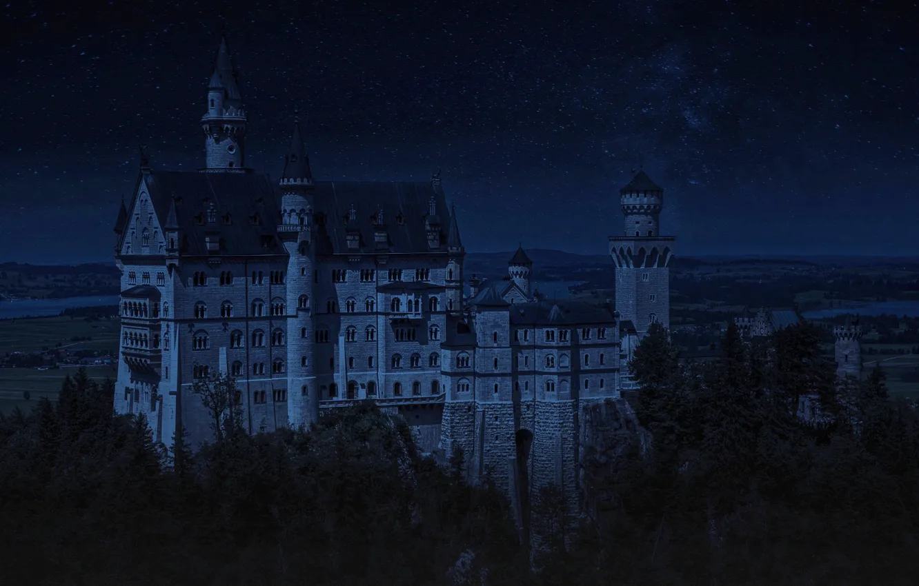 Photo wallpaper forest, the sky, stars, trees, landscape, night, darkness, castle
