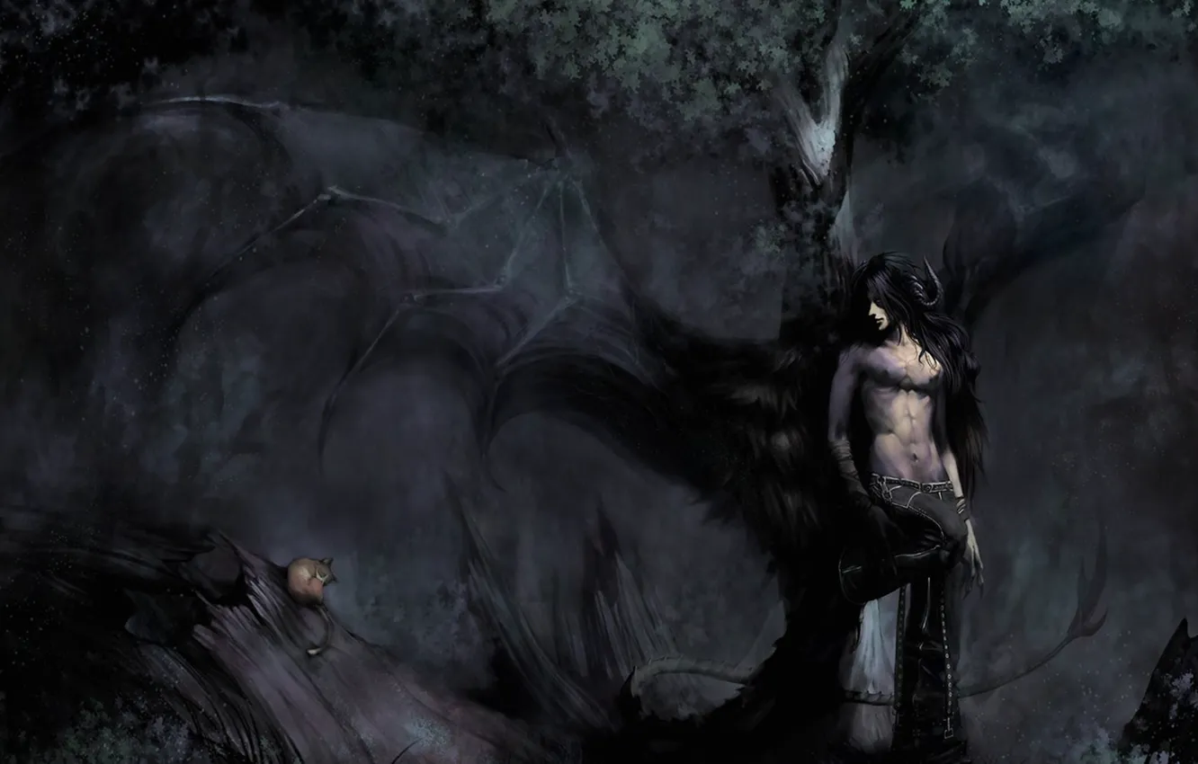 Photo wallpaper forest, cat, darkness, figure, wings, the demon, horns, guy