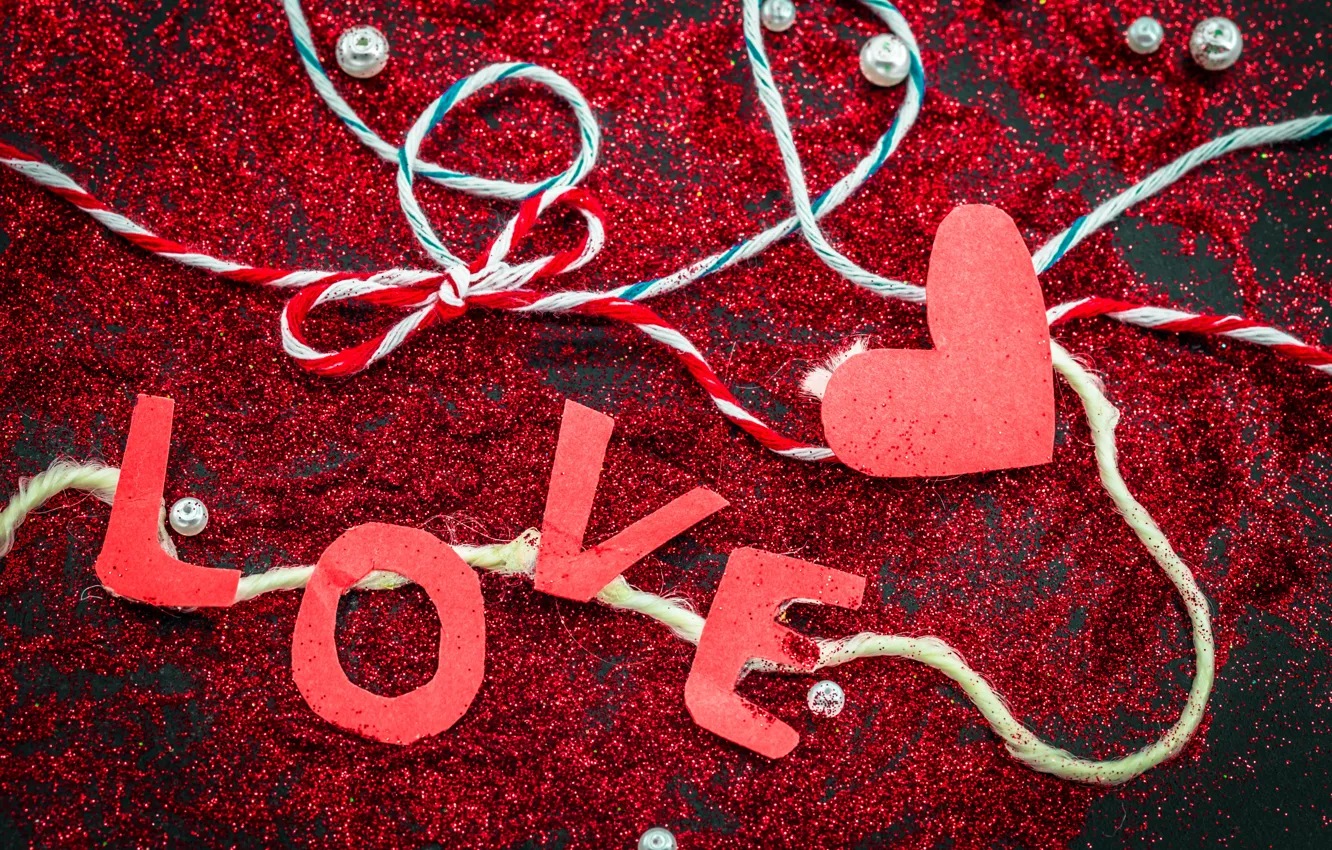 Photo wallpaper love, red, holiday, the inscription, heart, Shine, rope, sequins