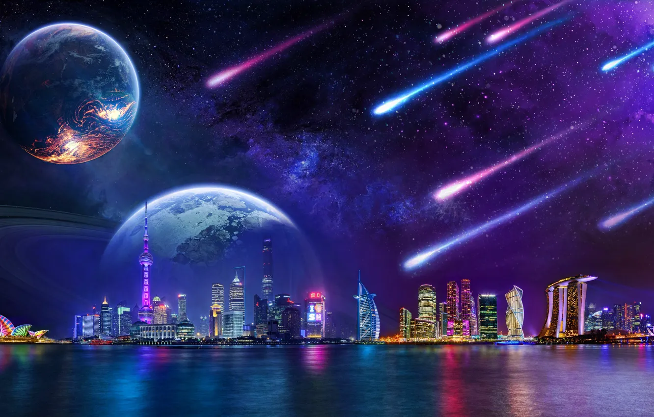 Photo wallpaper planets, comets, skyscrapers, fantasy art, nightscapes, skyline cityscapes