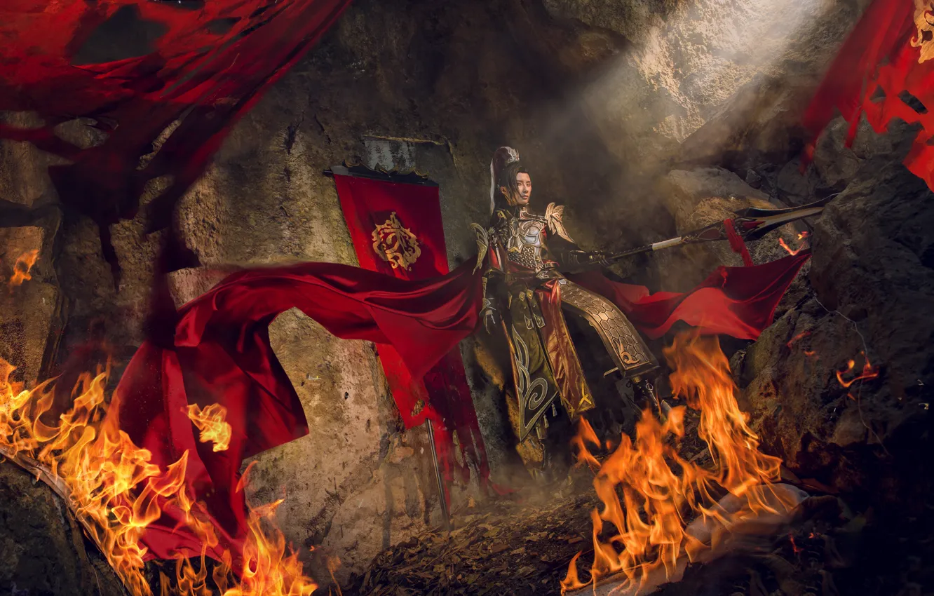 Photo wallpaper nature, fire, flame, armor, flag, fabric, male, spear