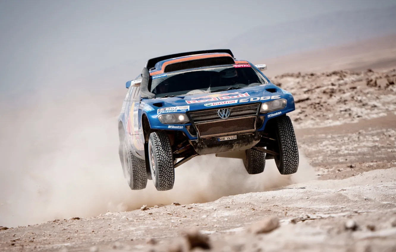Photo wallpaper Blue, Dust, Volkswagen, Desert, Red Bull, Touareg, Rally, Dakar