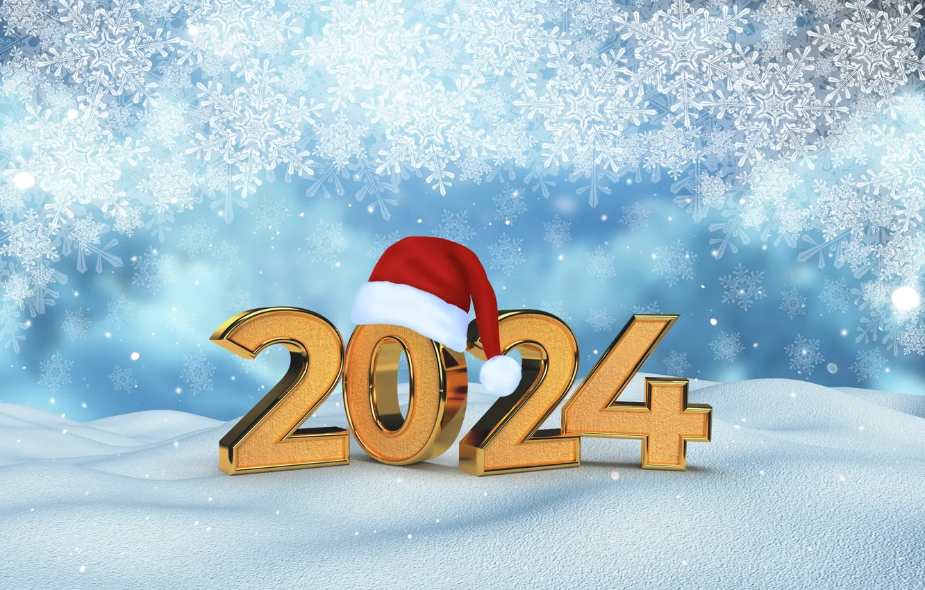 Photo wallpaper winter, snow, snowflakes, gold, New Year, figures, golden, new year