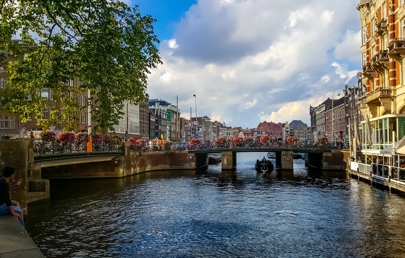 Photo wallpaper bridge, people, building, Amsterdam, Netherlands, Holland, water channel