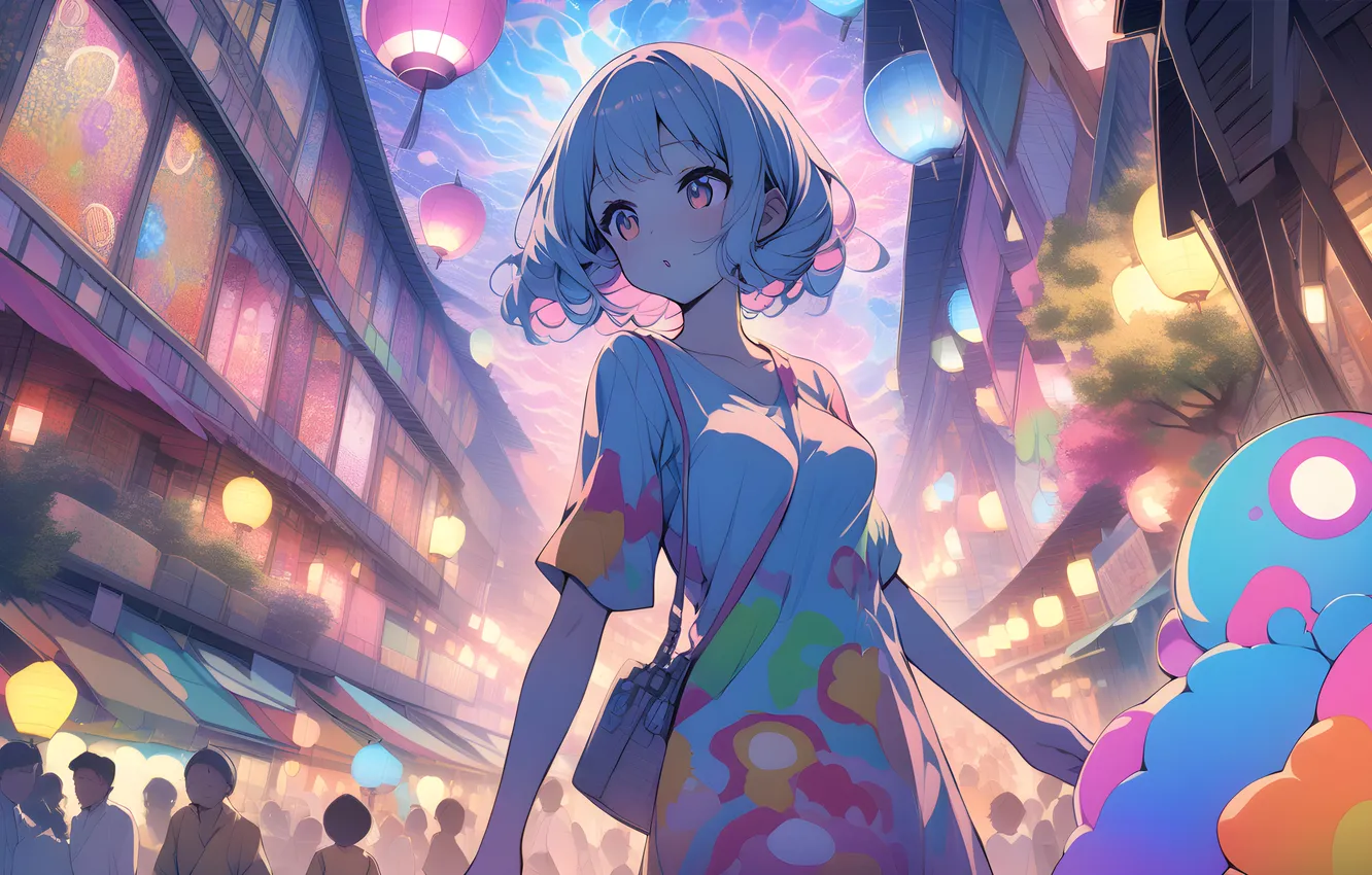 Photo wallpaper anime girls, AI Art, Lantern Festival