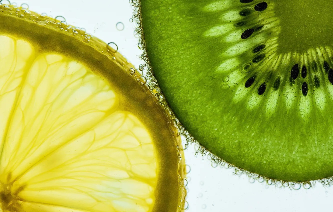 Photo wallpaper water, bubbles, lemon, food, kiwi, the air, slices