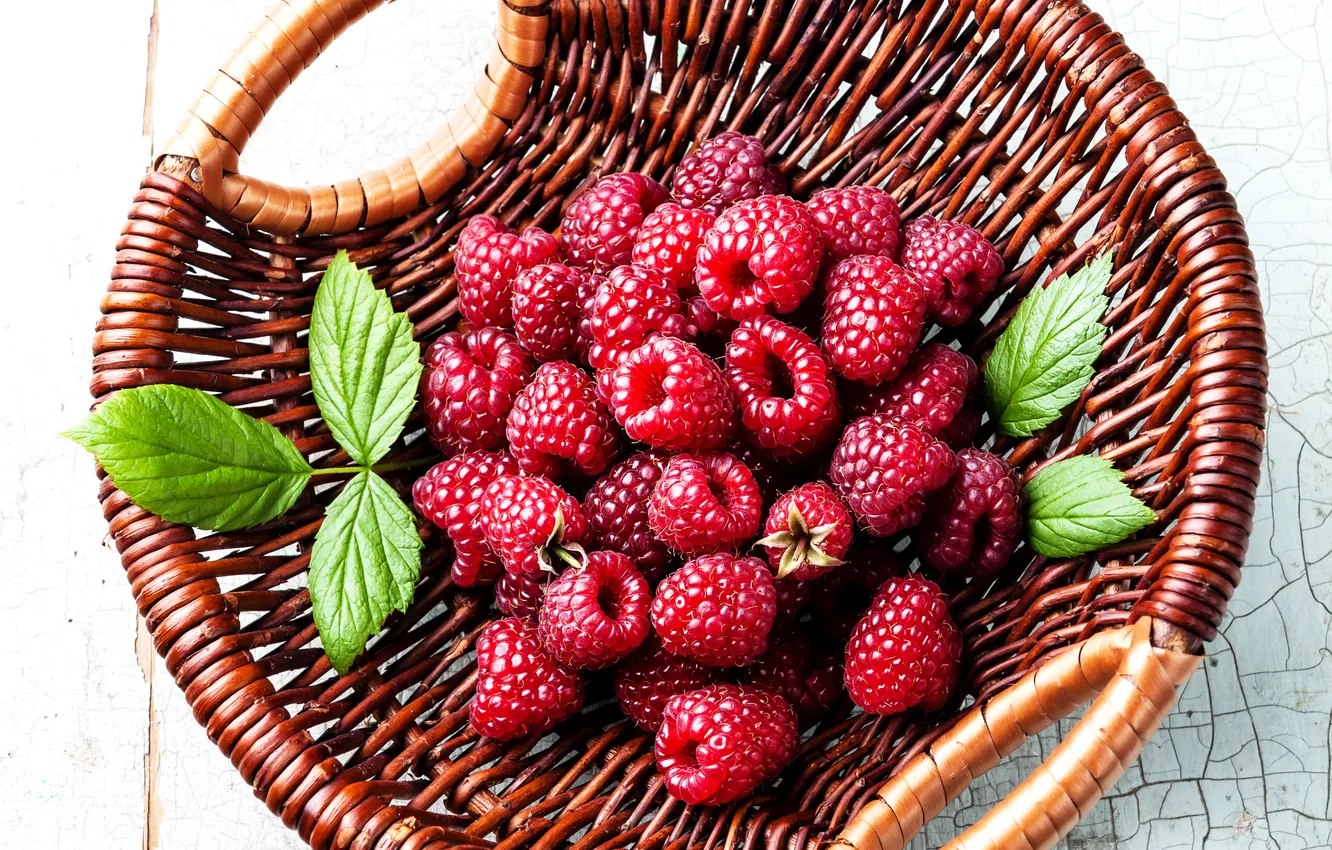 Photo wallpaper berries, raspberry, basket, leaves, berries, raspberry