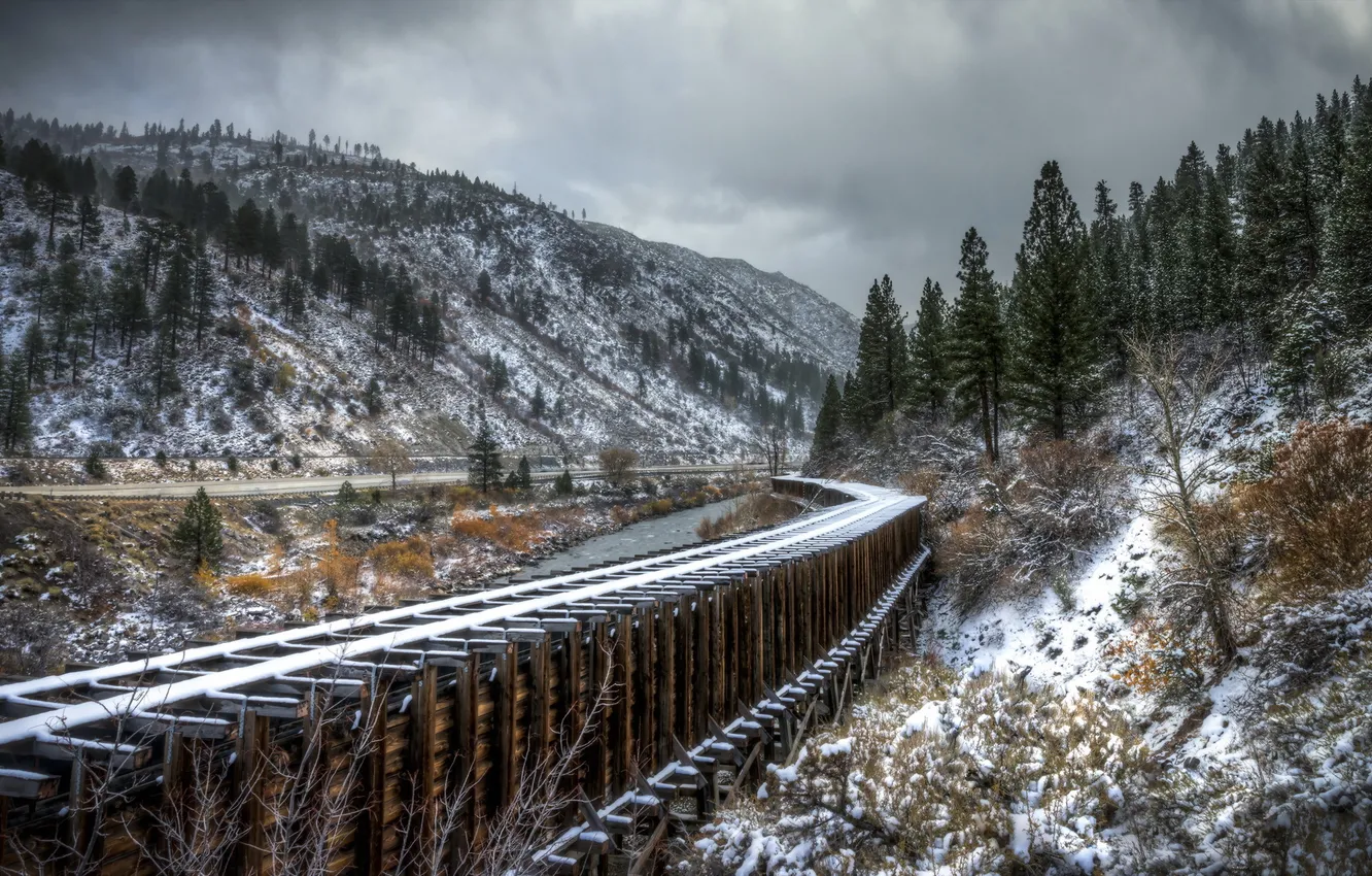 Photo wallpaper snow, landscape, mountains, railroad