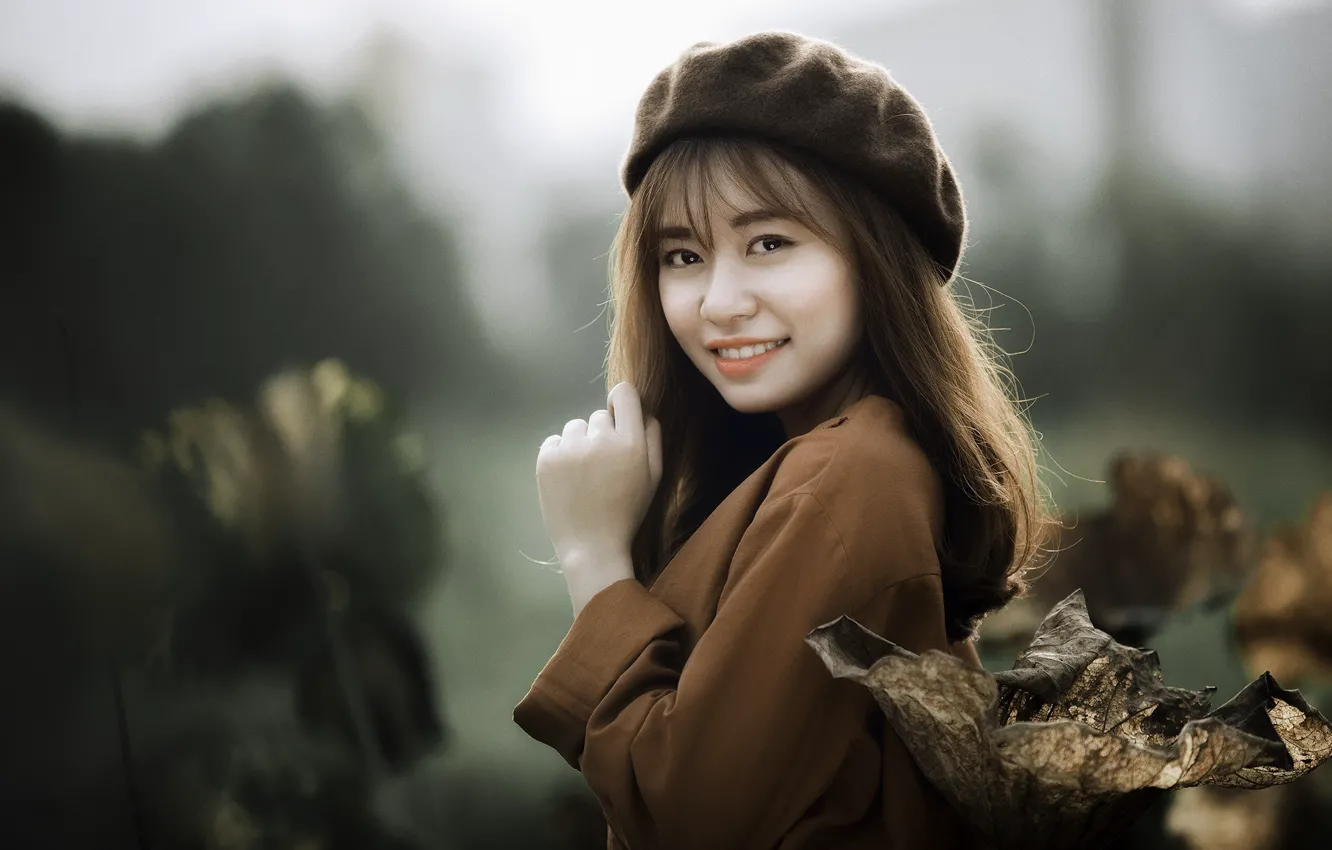 Photo wallpaper look, girl, Asian, bokeh