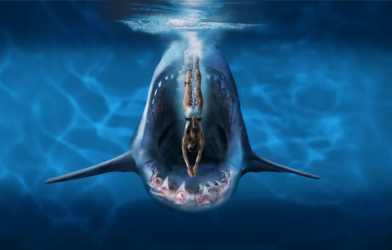 Photo wallpaper sea, girl, shark, teeth, poster, Deep Blue Sea 3, Deep Blue Sea 3