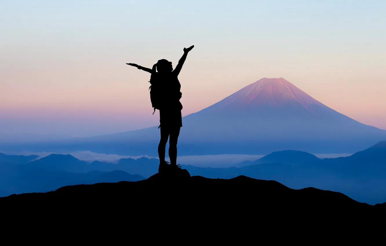 Photo wallpaper girl, mountains, travel, silhouette