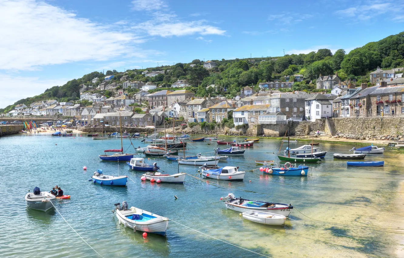 Photo wallpaper the ocean, coast, England, boats, coast, houses, England, boats