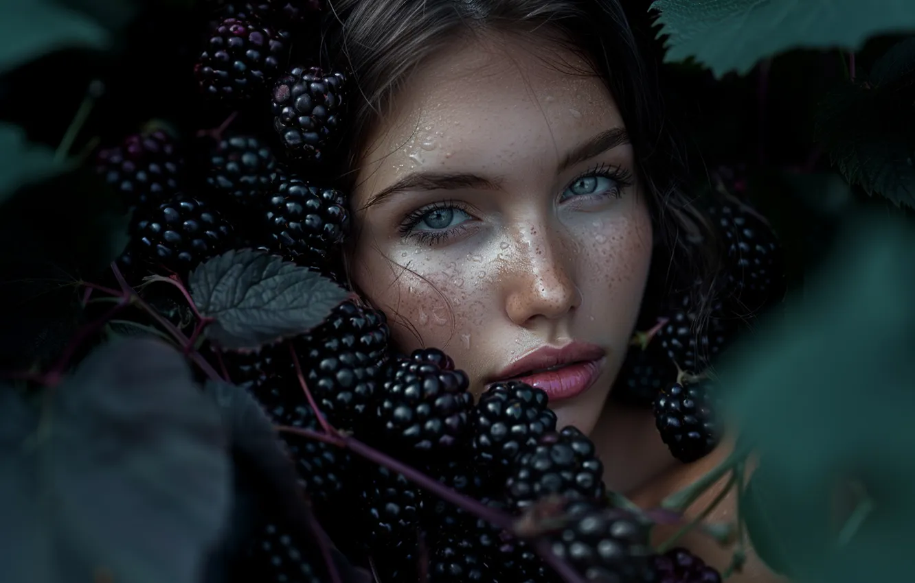 Photo wallpaper look, leaves, girl, drops, branches, face, pose, berries