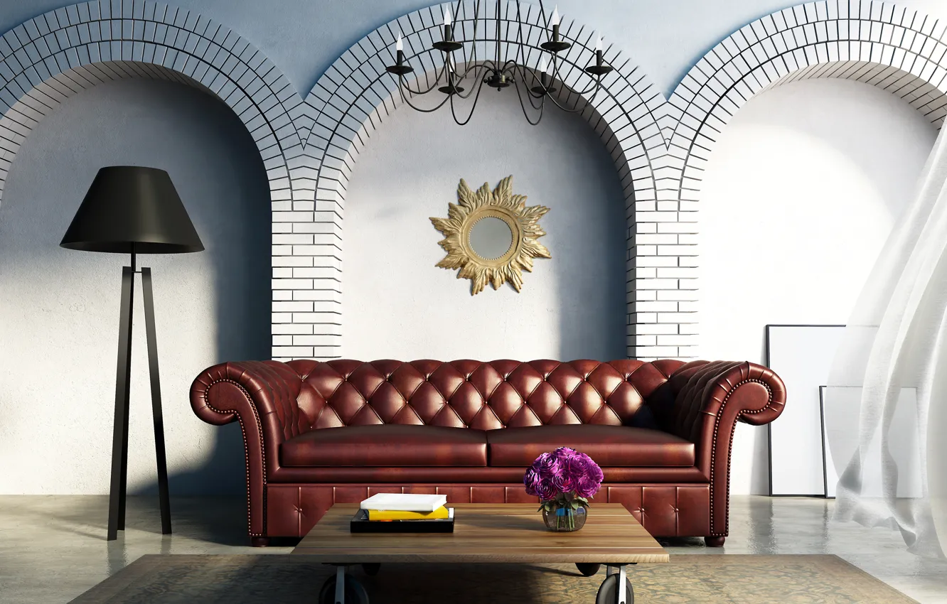 Photo wallpaper flowers, table, sofa, lamp, sofa, design, interior
