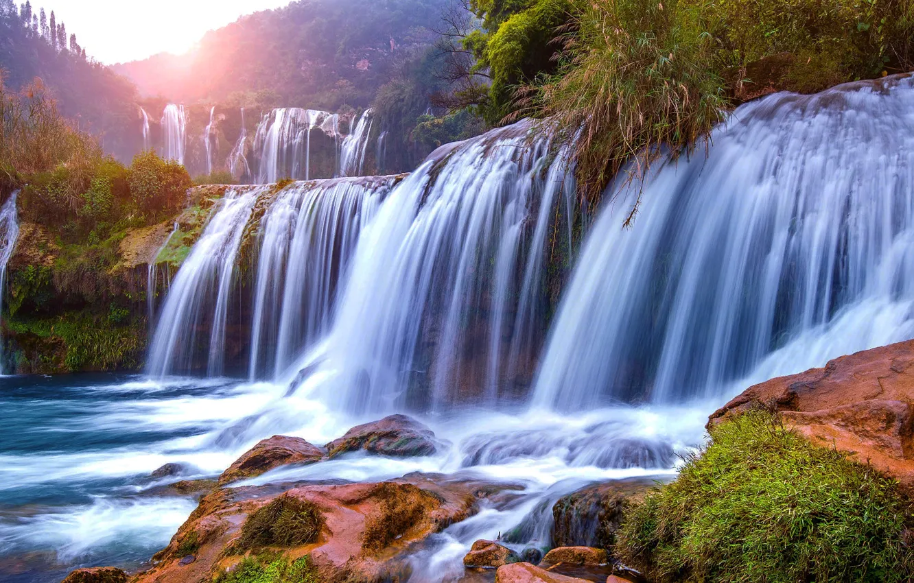 Photo wallpaper landscape, nature, stones, vegetation, waterfall, China, Jiulong