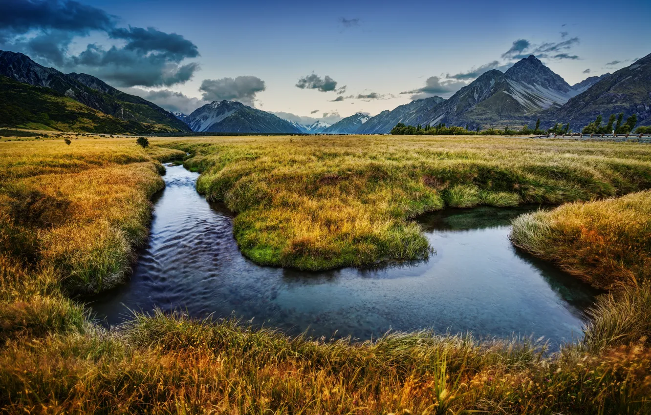 Photo wallpaper mountains, New Zealand, meadow, river, New Zealand