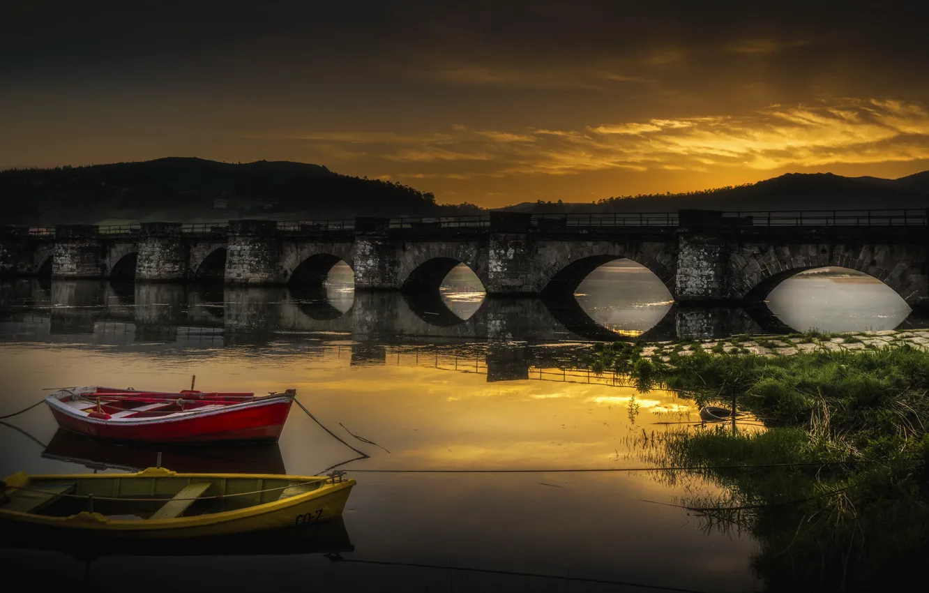 Photo wallpaper night, bridge, river, boats