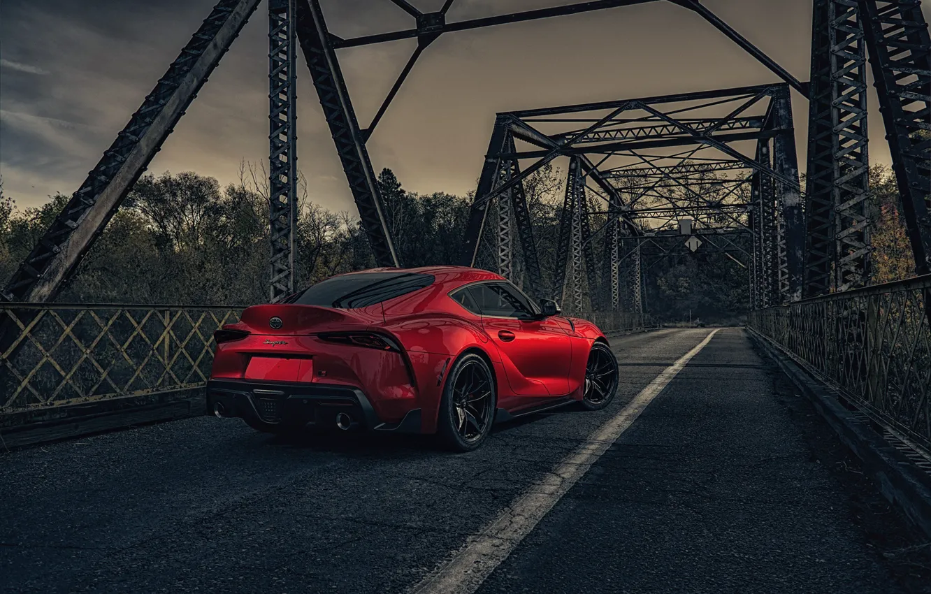 Photo wallpaper car, machine, auto, red, bridge, rendering, sports car, Toyota