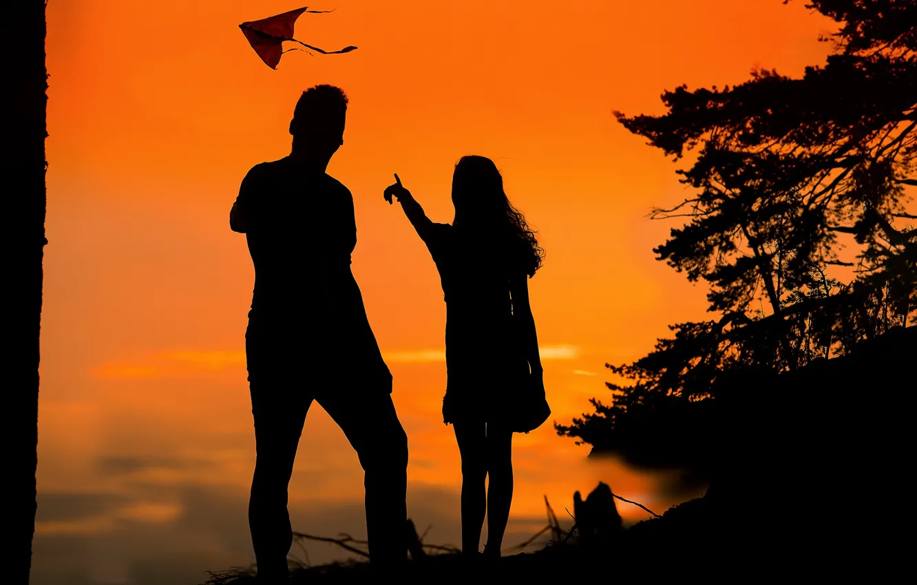 Photo wallpaper girl, sunset, silhouette, guy