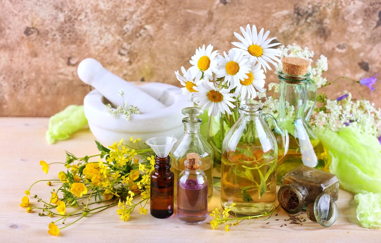 Photo wallpaper flowers, yellow, background, chamomile, field, pistil, a bunch, glass