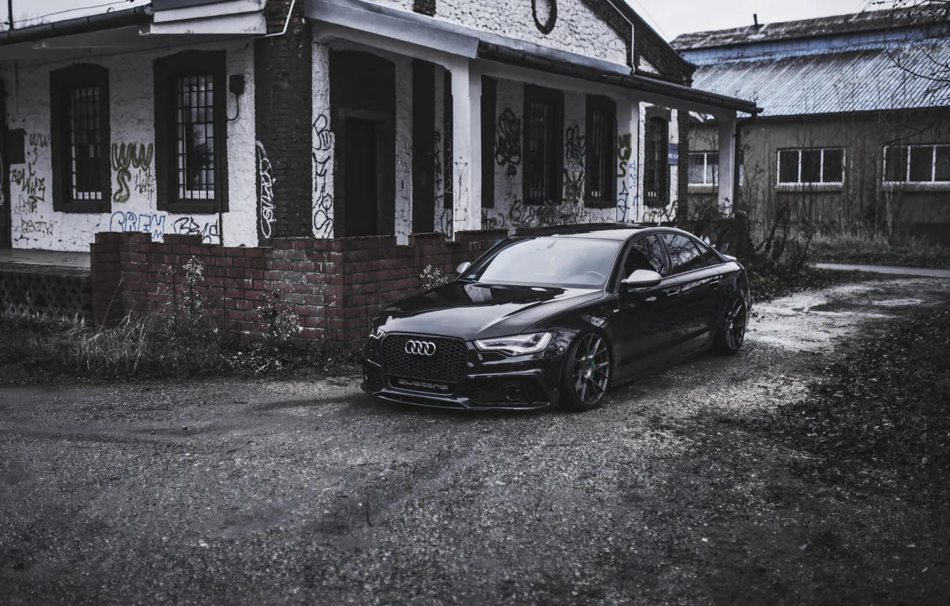 Photo wallpaper Audi, House, Black, Road, Sedan, Audi A6, Audi A6 C7, A6 Sedan