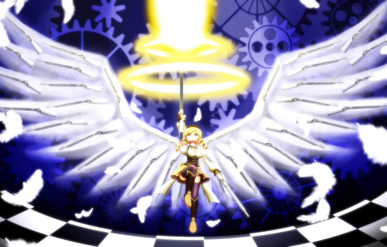 Photo wallpaper girl, weapons, wings, anime, feathers, art, gear, mahou shoujo madoka magica