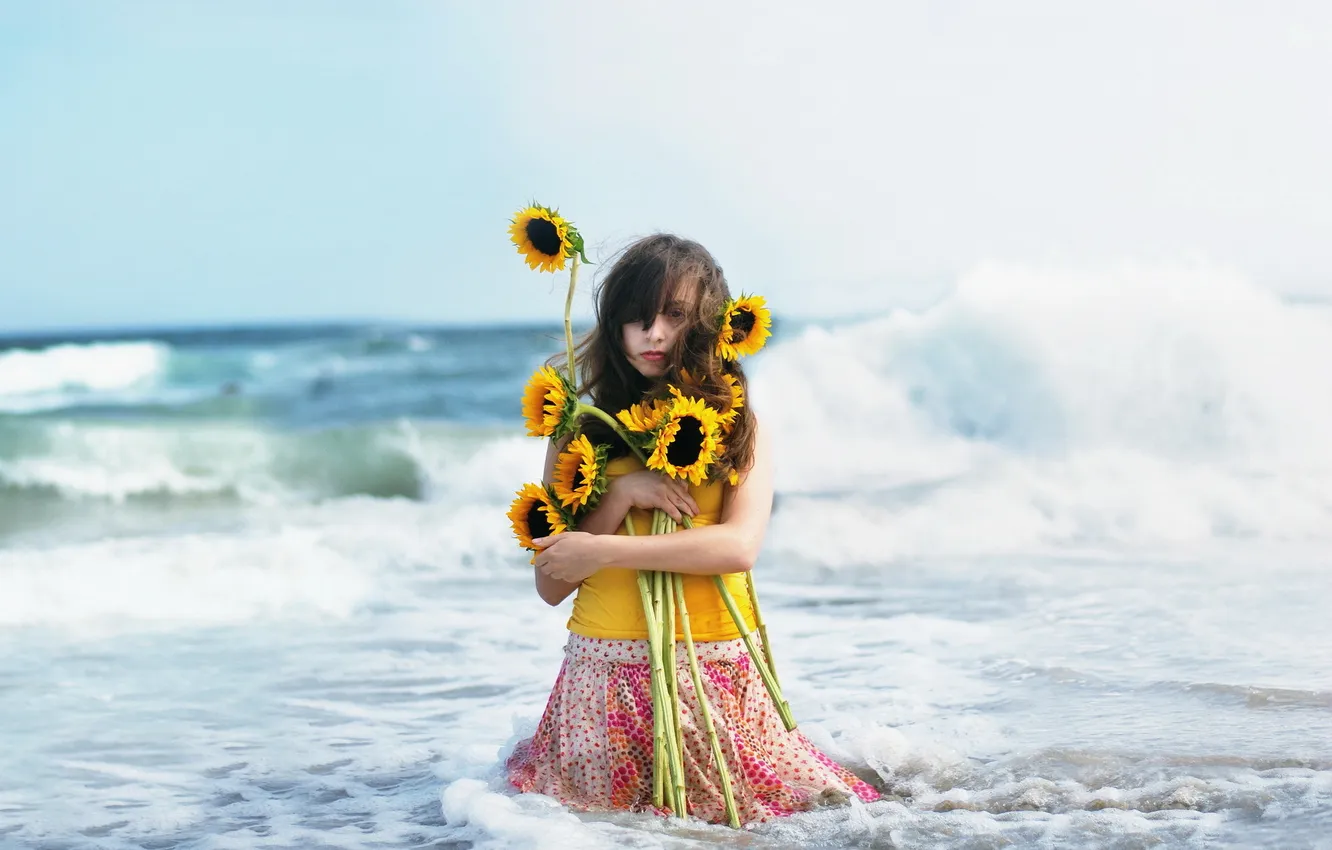 Photo wallpaper sea, sunflowers, nature, girl