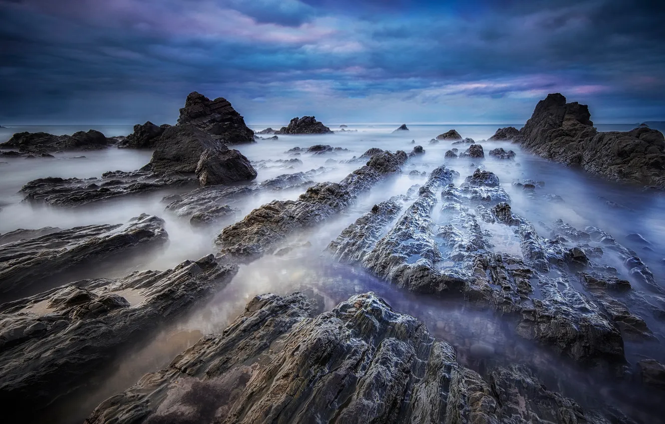 Photo wallpaper sea, the sky, clouds, clouds, stones, rocks, the evening