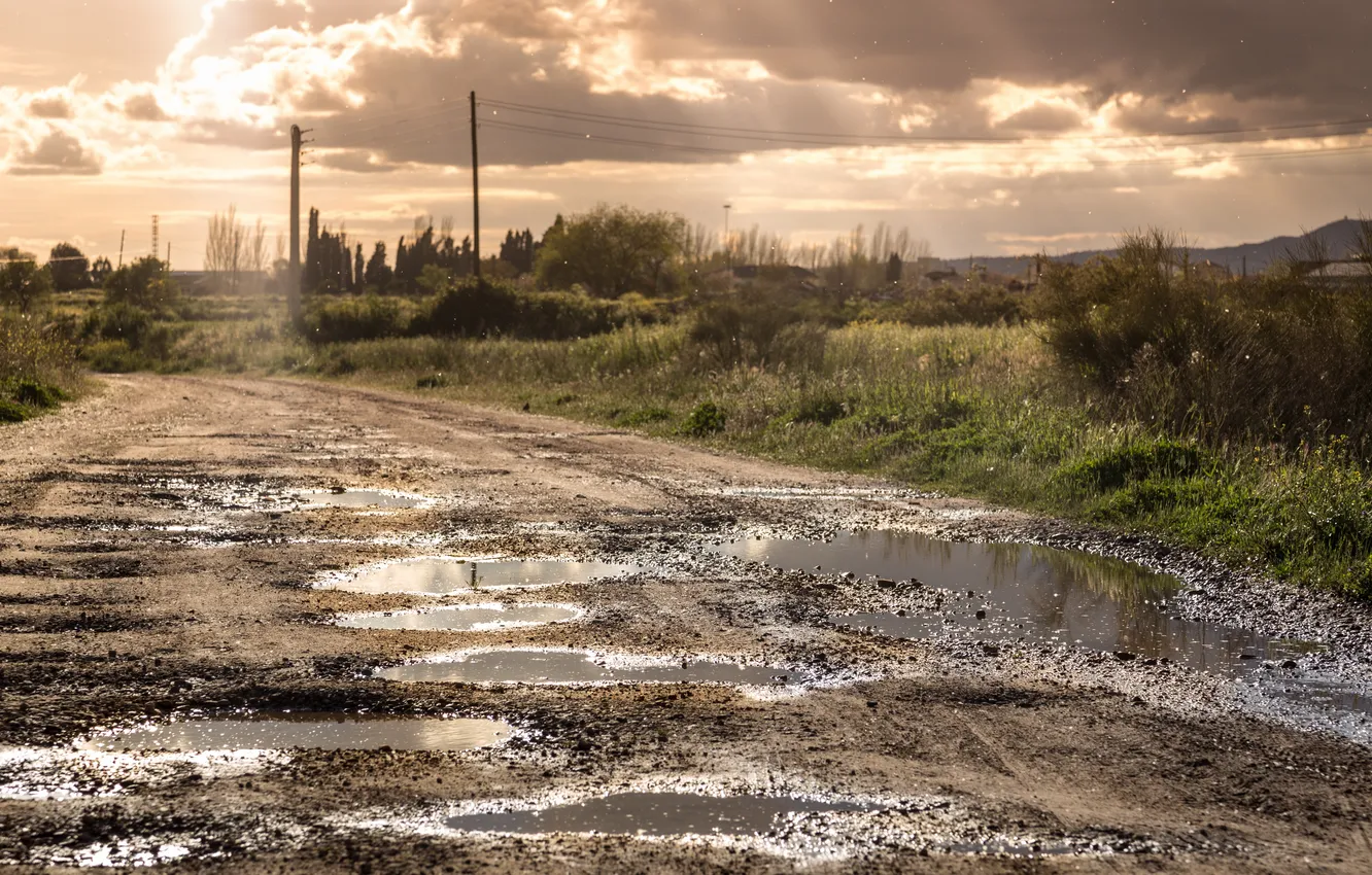 Photo wallpaper road, morning, puddles