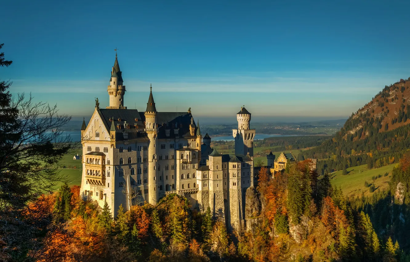 Photo wallpaper autumn, lake, castle, tower, Germany, Bayern, Neuschwanstein
