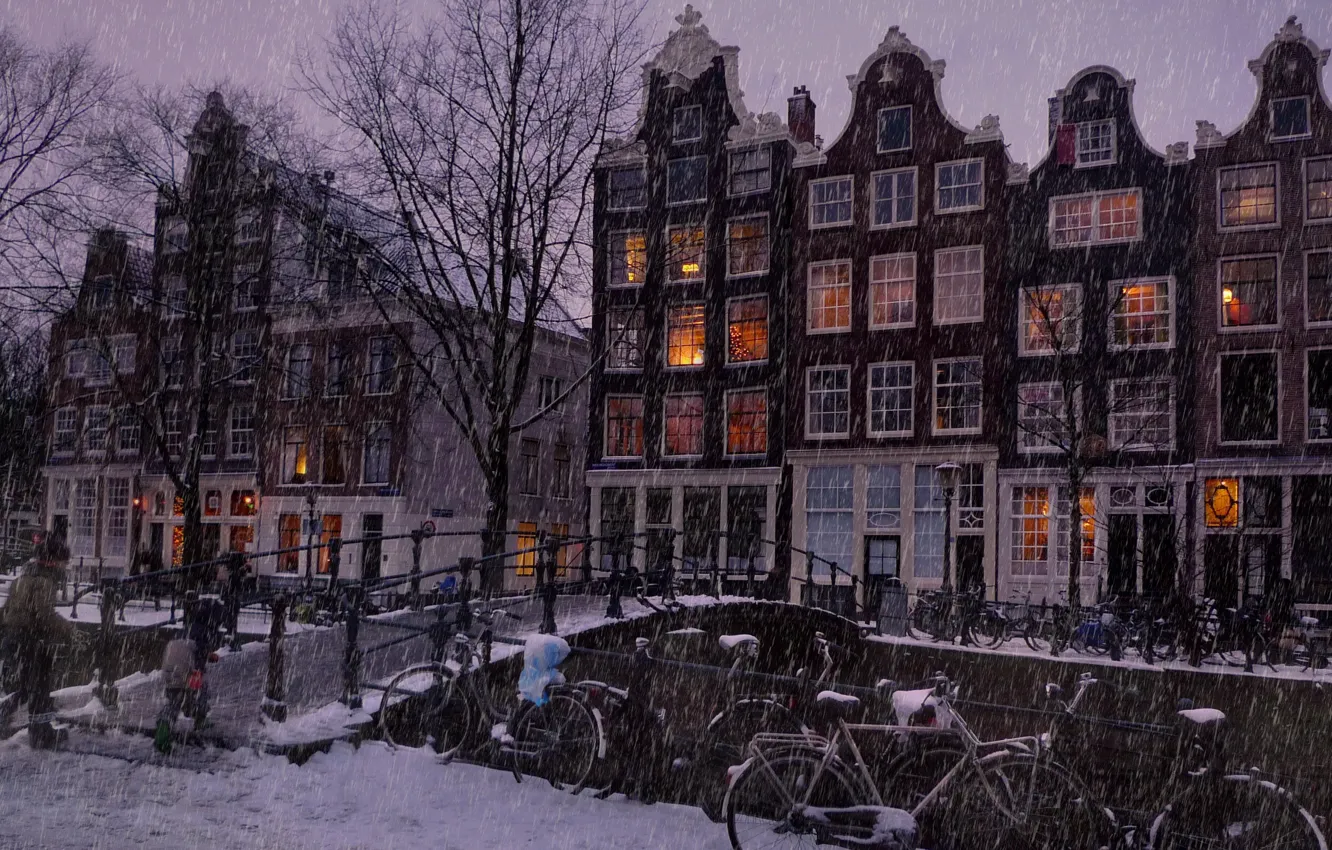 Photo wallpaper winter, snow, trees, landscape, bridge, bike, lights, river