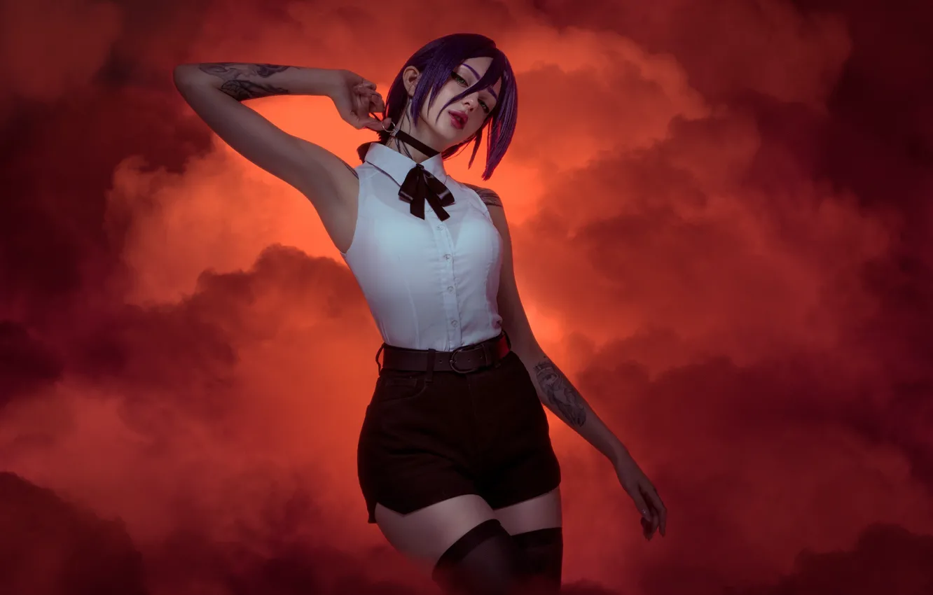 Photo wallpaper look, girl, face, background, shorts, tattoo, tattoo, red