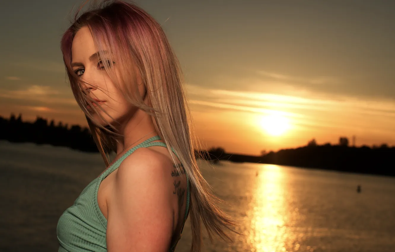 Photo wallpaper girl, sunset, sweetheart, hair