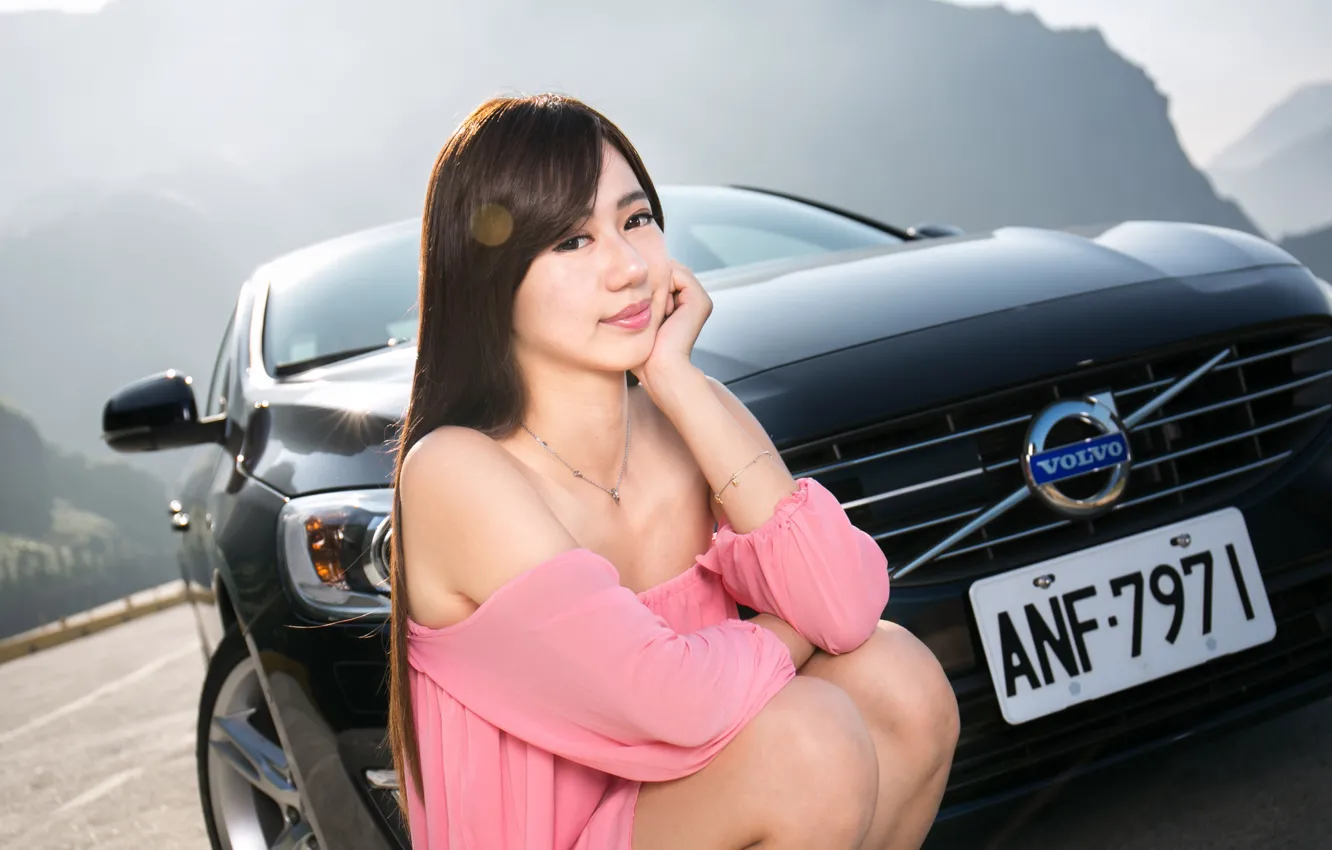 Photo wallpaper auto, look, girl, Asian, beautiful girl, posing on the car, Volvo MY16 S60