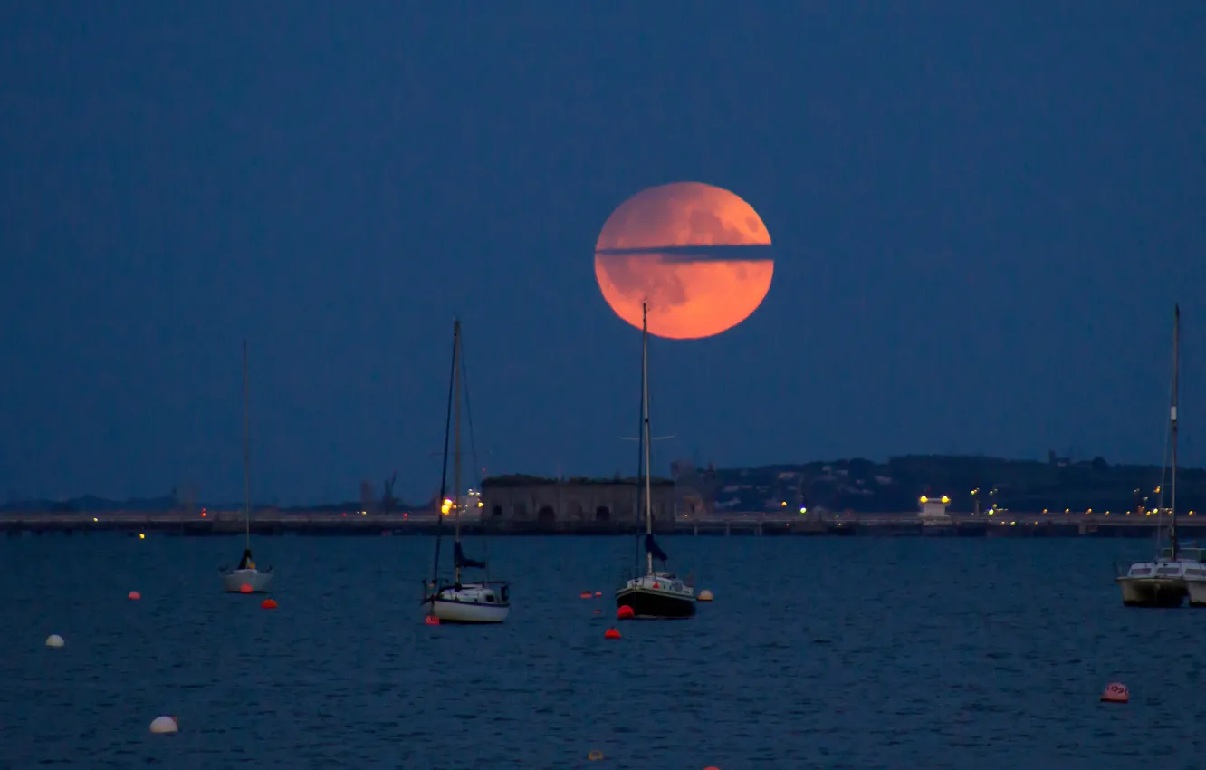 Photo wallpaper sea, night, boat, yacht, The moon, the full moon, harbour
