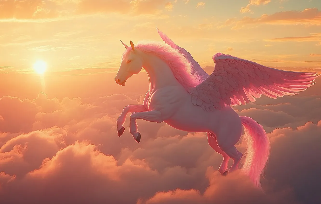 Photo wallpaper white, the sun, clouds, flight, fog, horse, dawn, horse