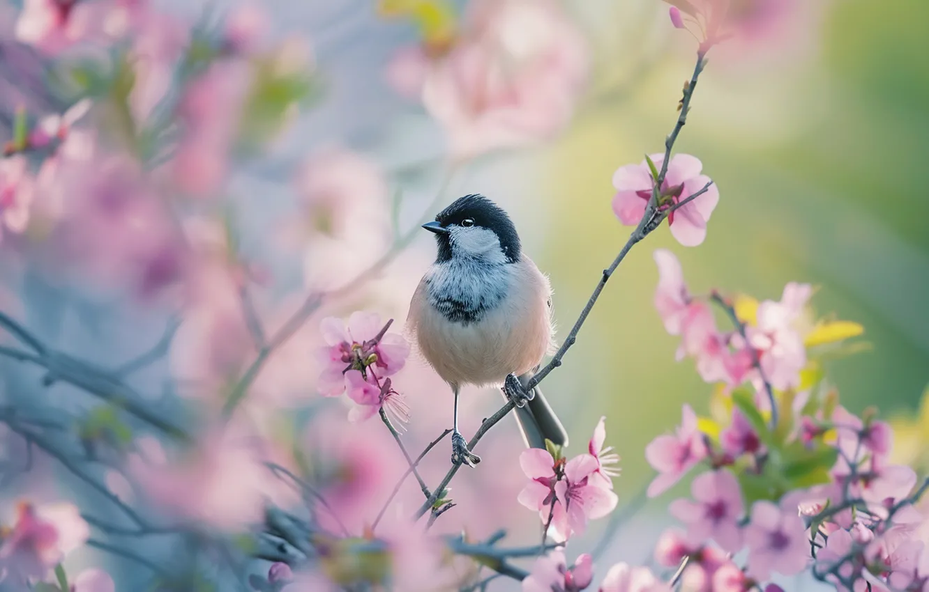 Photo wallpaper flowers, branches, bird, spring, flowering, tit, AI art, neural network