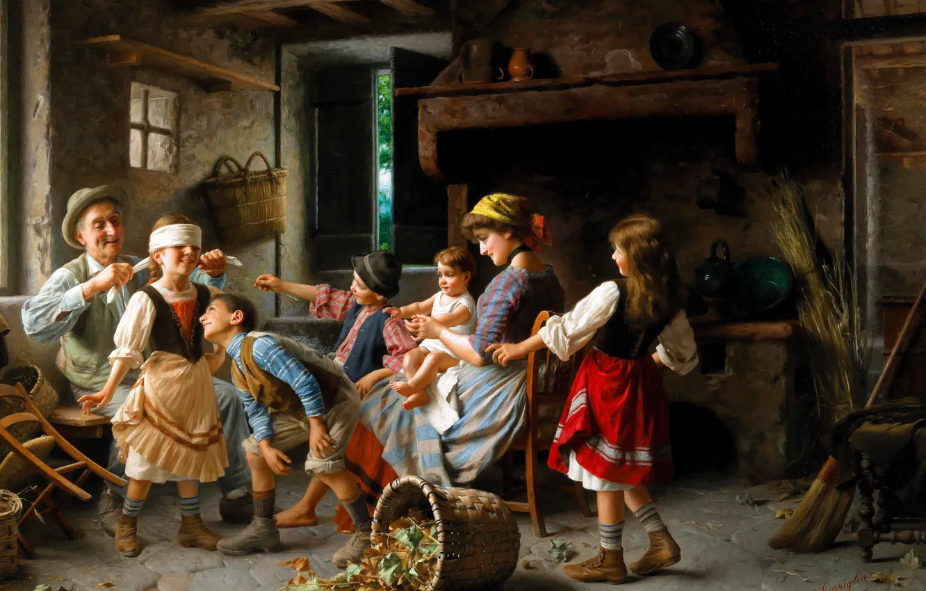 Photo wallpaper children, woman, the game, picture, the old man, headband, Italian artist, Blindman's buff