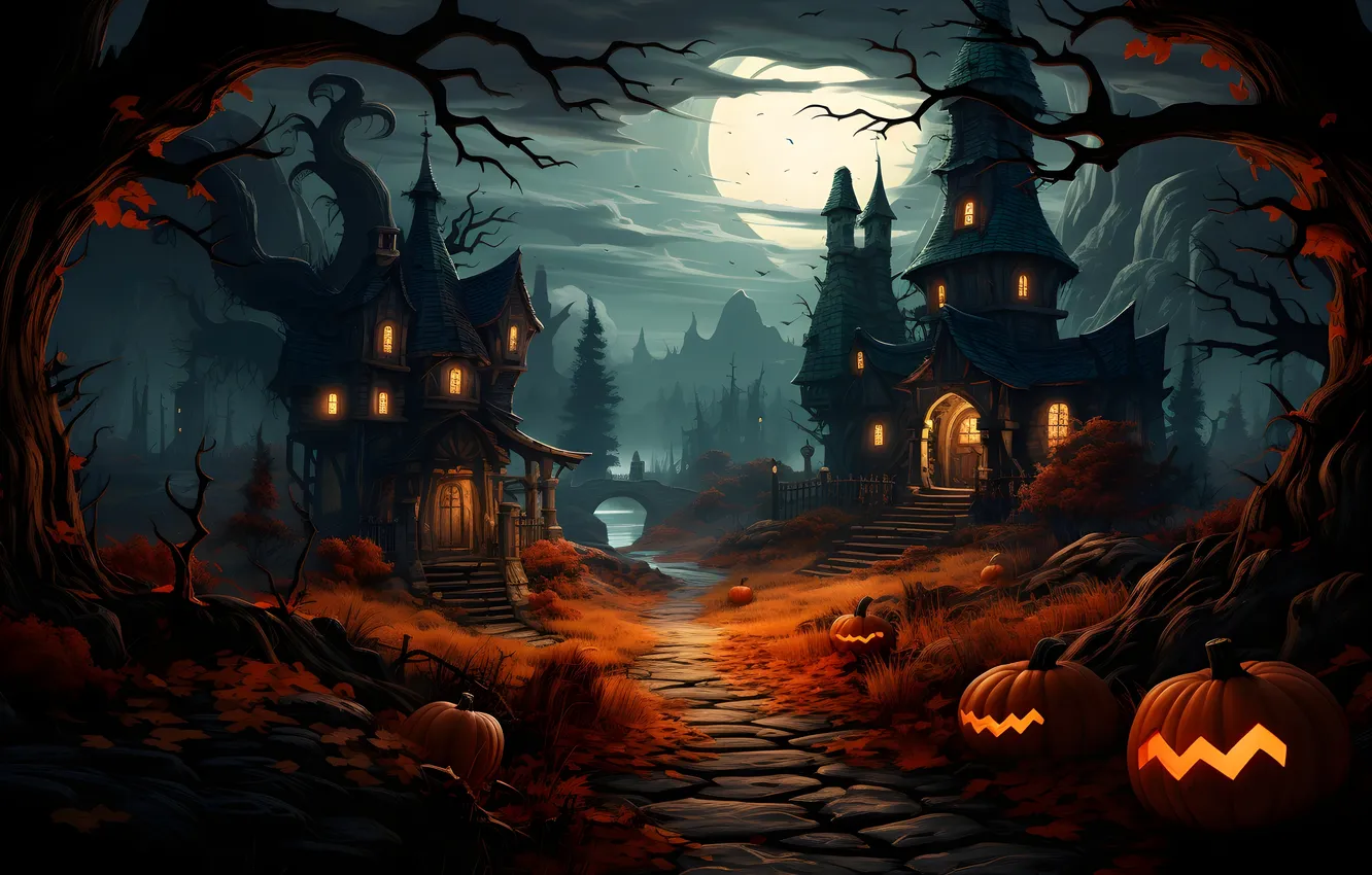 Photo wallpaper road, trees, night, clouds, lights, the moon, home, Halloween