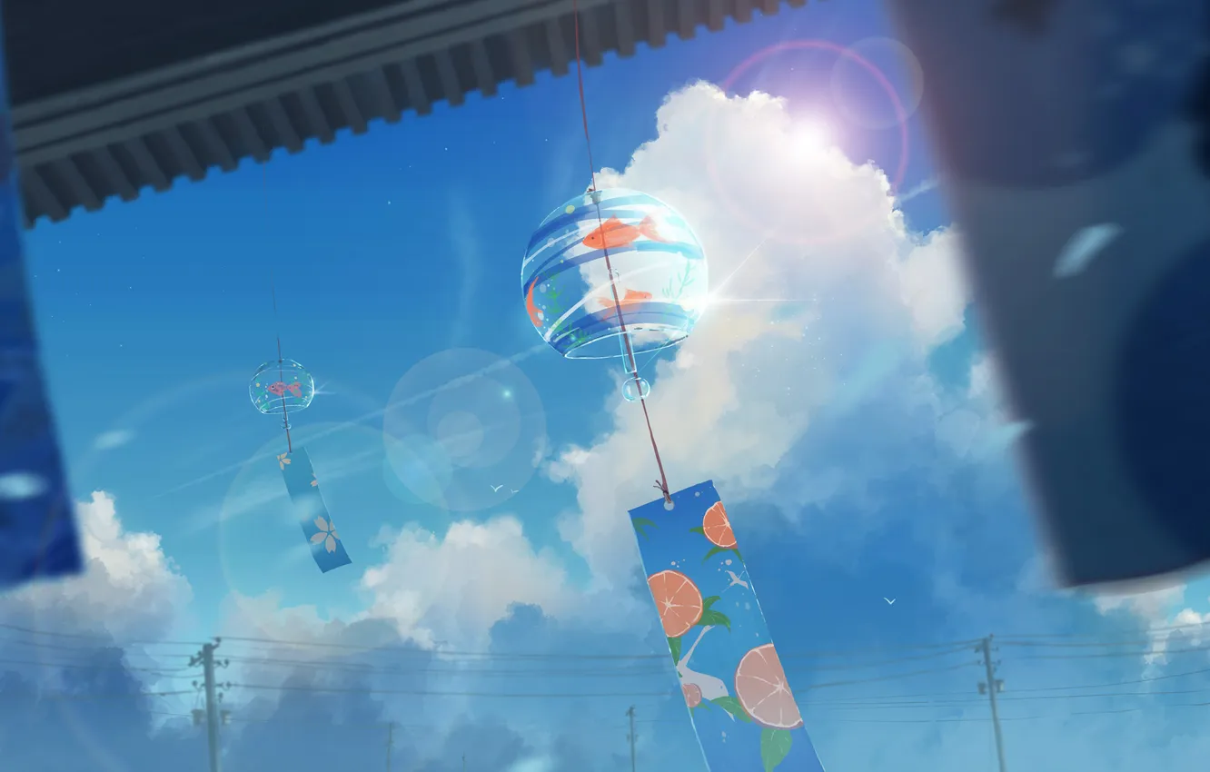 Photo wallpaper summer, the sky, the sun, clouds, fish, bells wind
